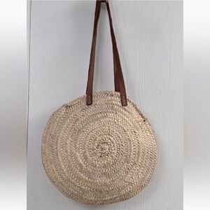 SOCCO Designs Round Woven Straw Tote Bag with Brown Leather Straps One Size